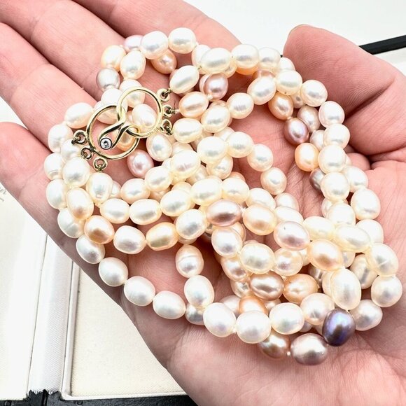 14K Gold Diamond Clasp Womens Multi Strand Pearl Estate Necklace Original Box - Picture 9 of 9